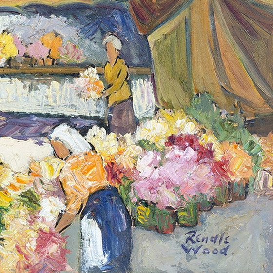 Image 1 of Vintage "Market day" oil on masonite wood by Robert Sydney Rendle Wood