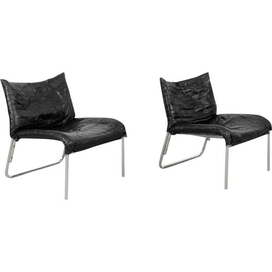 Image 1 of Pair of vintage Scandinavian black patchwork leather armchairs by Ikea, 1980s