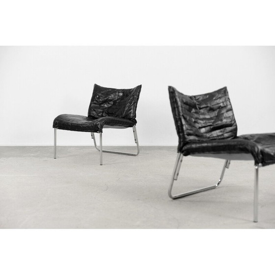 Image 1 of Pair of vintage Scandinavian black patchwork leather armchairs by Ikea, 1980s