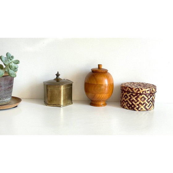 Image 1 of Set di 3 scatole vintage in ottone e legno, Cina