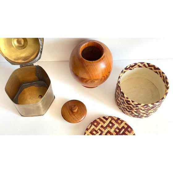 Image 1 of Set di 3 scatole vintage in ottone e legno, Cina