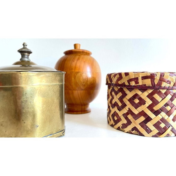 Image 1 of Set di 3 scatole vintage in ottone e legno, Cina