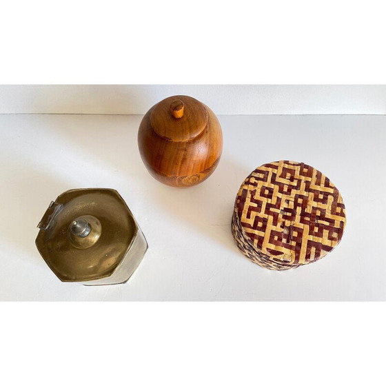 Image 1 of Set di 3 scatole vintage in ottone e legno, Cina