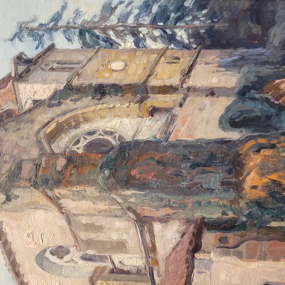 Image 1 of Oil on vintage panel “Abbaye de Sorde” by Jean Rigaud, France 1943