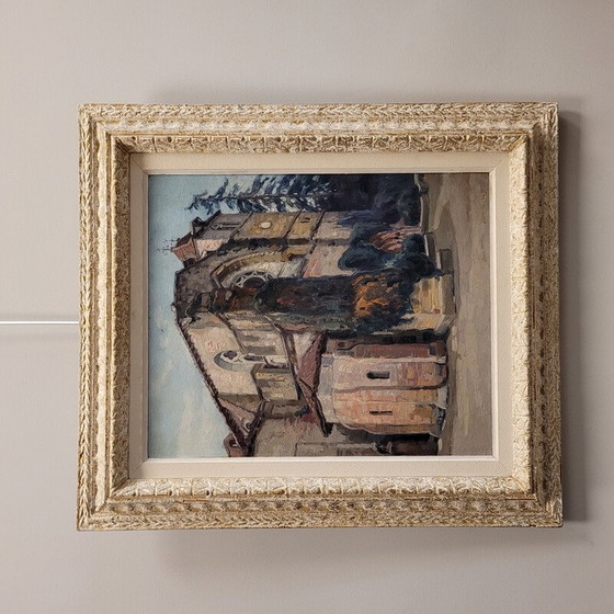 Image 1 of Oil on vintage panel “Abbaye de Sorde” by Jean Rigaud, France 1943