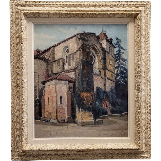 Oil on vintage panel “Abbaye de Sorde” by Jean Rigaud, France 1943