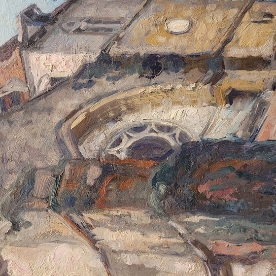 Image 1 of Oil on vintage panel “Abbaye de Sorde” by Jean Rigaud, France 1943