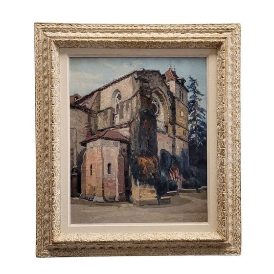 Image 1 of Oil on vintage panel “Abbaye de Sorde” by Jean Rigaud, France 1943