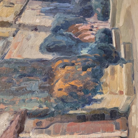 Image 1 of Oil on vintage panel “Abbaye de Sorde” by Jean Rigaud, France 1943