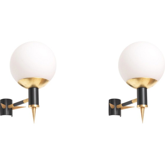 Image 1 of Pair of vintage brass and glass wall lights for Yannis Dimitrousis, Greece 1960