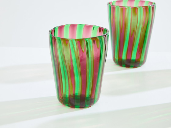 Image 1 of Set Of 6 Italian Murano Green And Purple Glass Tumblers 1980S