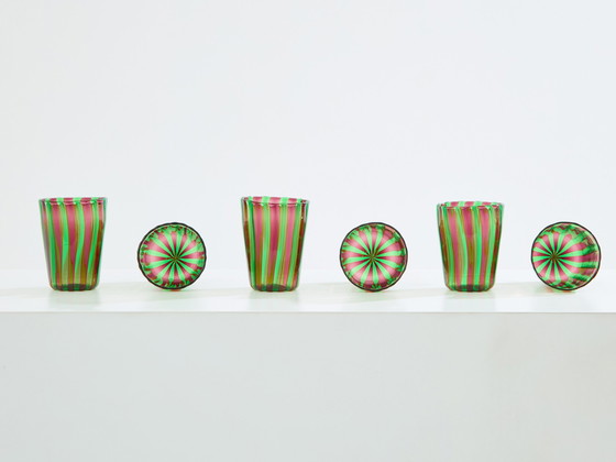 Image 1 of Set Of 6 Italian Murano Green And Purple Glass Tumblers 1980S