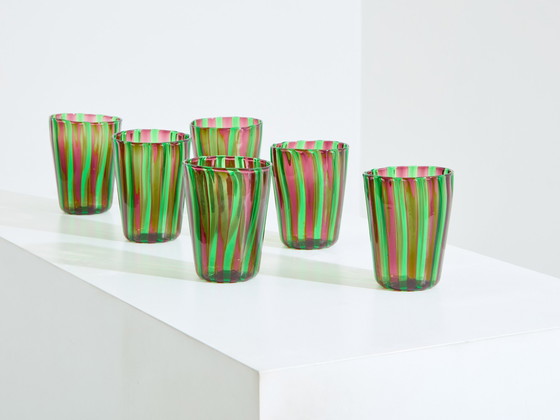 Image 1 of Set Of 6 Italian Murano Green And Purple Glass Tumblers 1980S