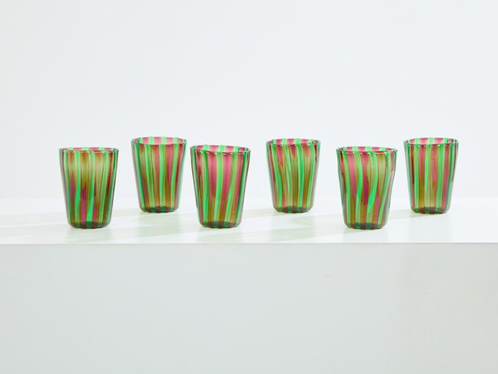 Image 1 of Set Of 6 Italian Murano Green And Purple Glass Tumblers 1980S