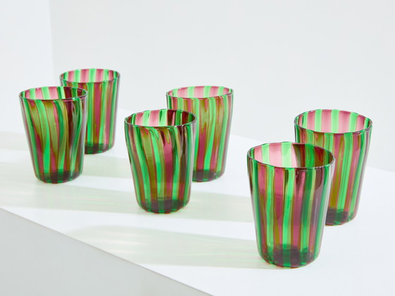 Image 1 of Set Of 6 Italian Murano Green And Purple Glass Tumblers 1980S