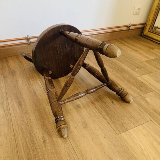 Image 1 of Vintage oak tripod stool with backrest