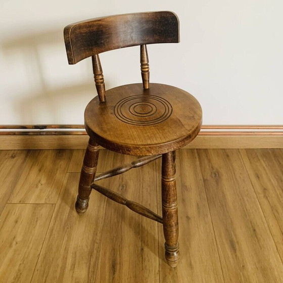 Image 1 of Vintage oak tripod stool with backrest