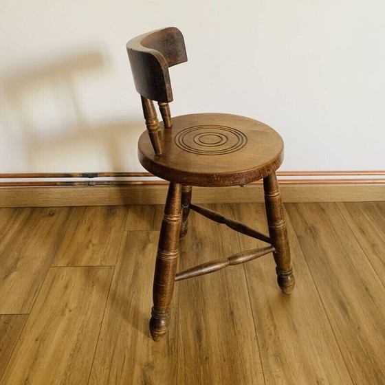 Image 1 of Vintage oak tripod stool with backrest