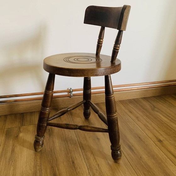 Image 1 of Vintage oak tripod stool with backrest