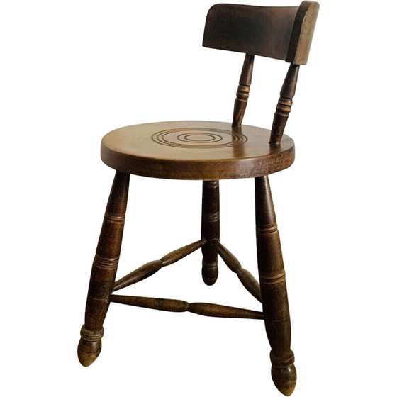 Image 1 of Vintage oak tripod stool with backrest