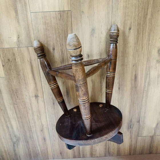 Image 1 of Vintage oak tripod stool with backrest