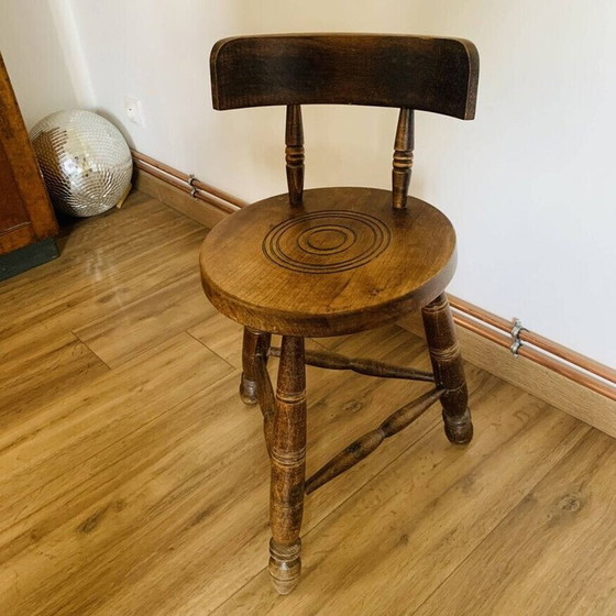 Image 1 of Vintage oak tripod stool with backrest