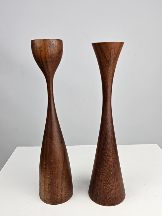 Image 1 of Teak wooden candlesticks Danish design set of 2