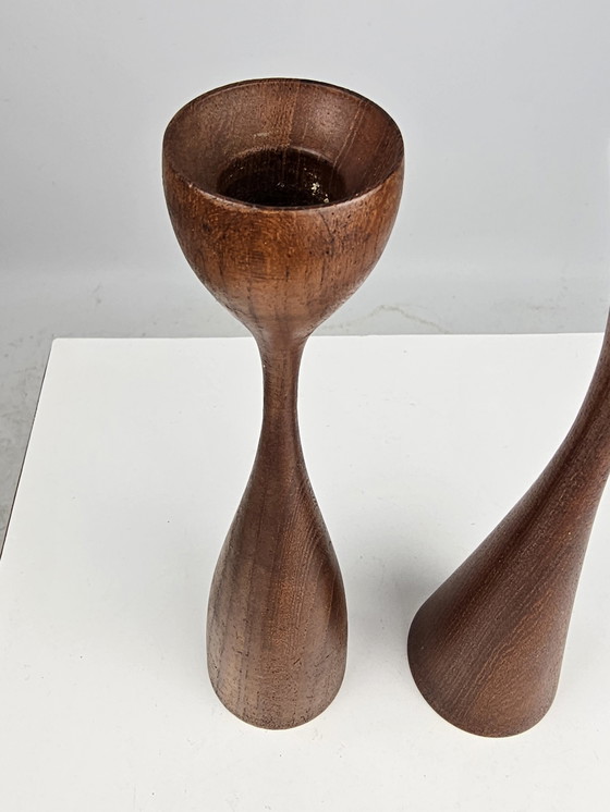 Image 1 of Teak wooden candlesticks Danish design set of 2