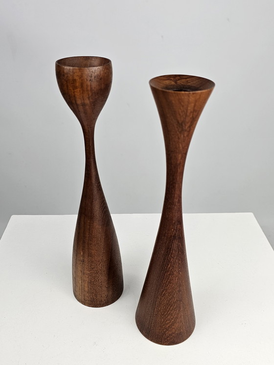 Image 1 of Teak wooden candlesticks Danish design set of 2