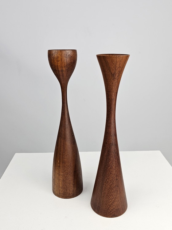 Image 1 of Teak wooden candlesticks Danish design set of 2