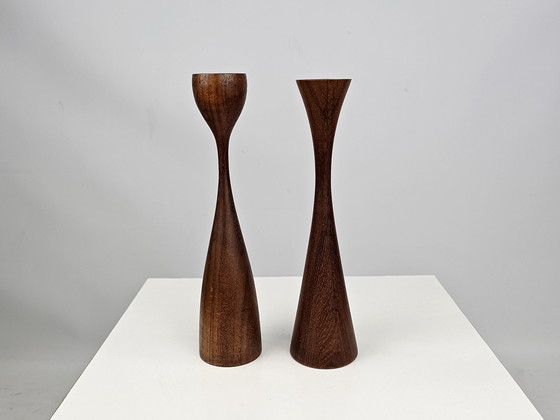 Image 1 of Teak wooden candlesticks Danish design set of 2