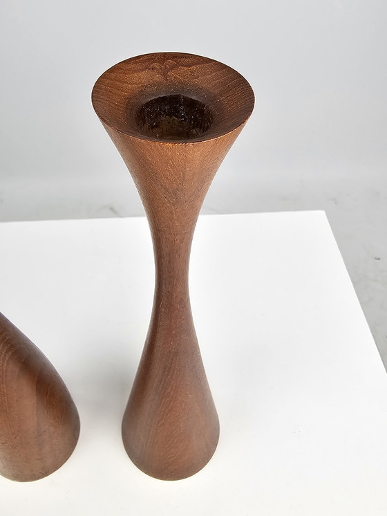 Image 1 of Teak wooden candlesticks Danish design set of 2