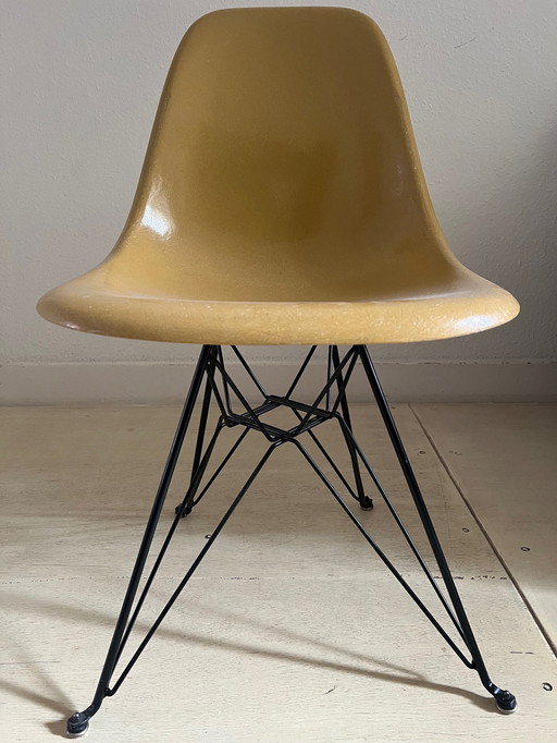 4X Original Eames For Herman Miller Fiberglass Dsr Side Chair Ochre Light With (New) Black Eiffel Tower Base.