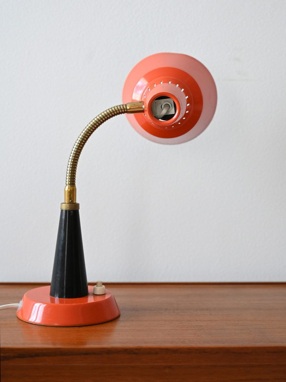Image 1 of Vintage 1960S Orange Table Lamp | Retro Metal Desk Light With Adjustable Brass Arm | Mid-Century Modern Design