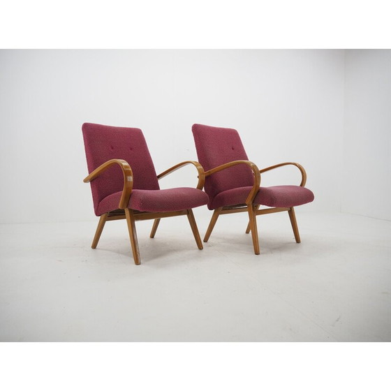Image 1 of Pair of vintage wood and fabric armchairs by Jindrich Halabala, Czechoslovakia 1960