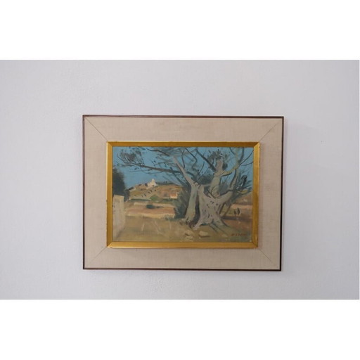 Óleo sobre tabla de paisaje vintage de Ove Olson, década de 1960