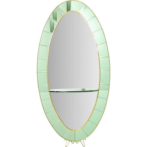 Specchio ovale vintage italiano in ottone e cristallo verde di Cristal Arte, 1950