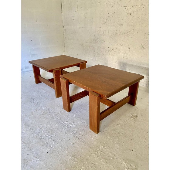 Image 1 of Pair of vintage side tables in solid pine by Charlotte Perriand, 1970s