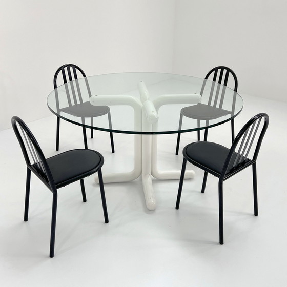 Image 1 of White Chubby Dining Table With Glass Top, 1980S