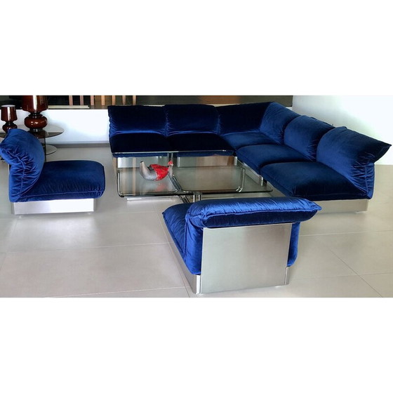 Image 1 of Vintage 3-seater sofa in stainless steel and blue velvet, France 1970