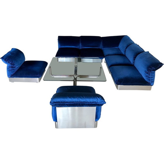 Image 1 of Vintage 3-seater sofa in stainless steel and blue velvet, France 1970