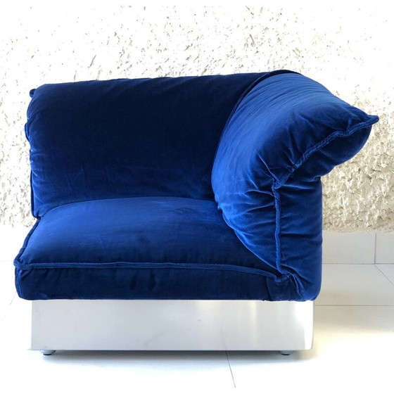 Image 1 of Vintage 3-seater sofa in stainless steel and blue velvet, France 1970