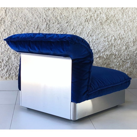 Image 1 of Vintage 3-seater sofa in stainless steel and blue velvet, France 1970
