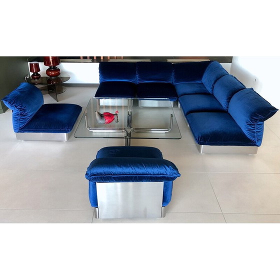 Image 1 of Vintage 3-seater sofa in stainless steel and blue velvet, France 1970