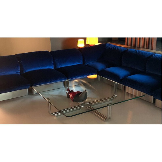 Image 1 of Vintage 3-seater sofa in stainless steel and blue velvet, France 1970
