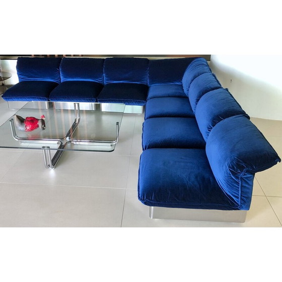 Image 1 of Vintage 3-seater sofa in stainless steel and blue velvet, France 1970