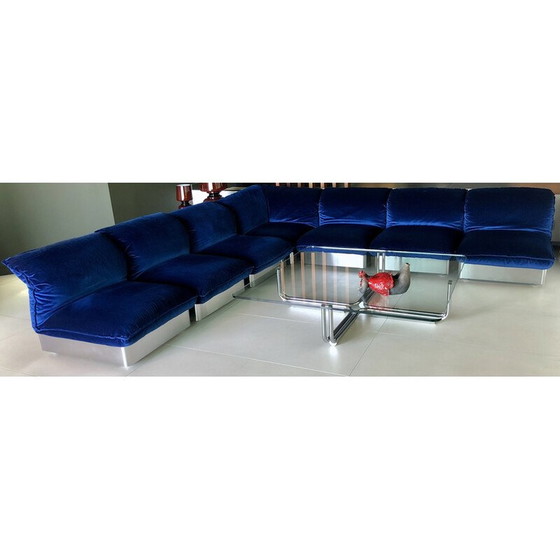 Image 1 of Vintage 3-seater sofa in stainless steel and blue velvet, France 1970