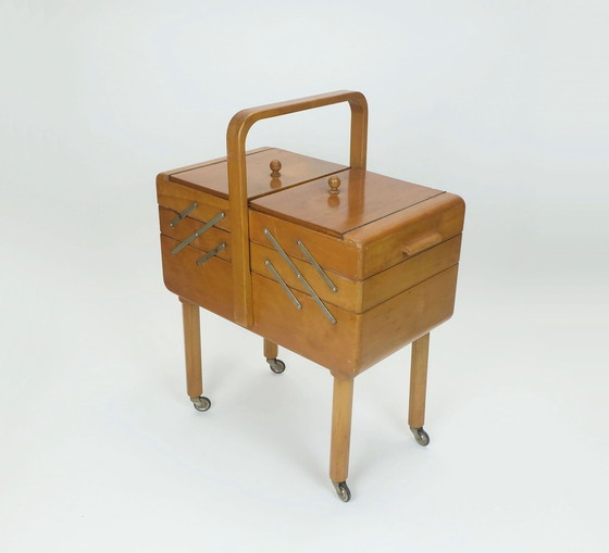 Image 1 of 1930s SEWING BOX art deco cherry wood box on wheels