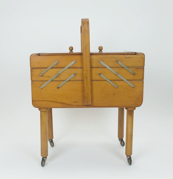 Image 1 of 1930s SEWING BOX art deco cherry wood box on wheels