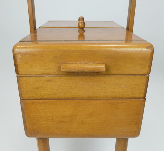 Image 1 of 1930s SEWING BOX art deco cherry wood box on wheels